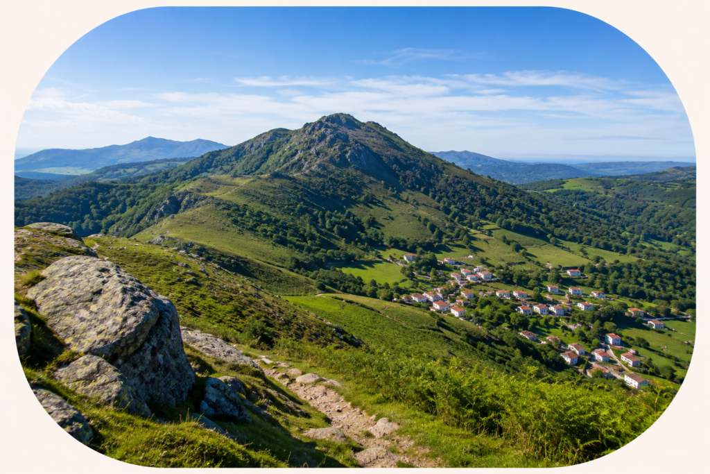 Vue panoramique sur les montagnes basques et le village de Sare depuis la Rhune