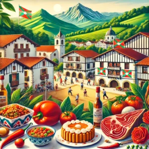 Paysage culturel du Pays basque avec village, danse folklorique et gastronomie locale