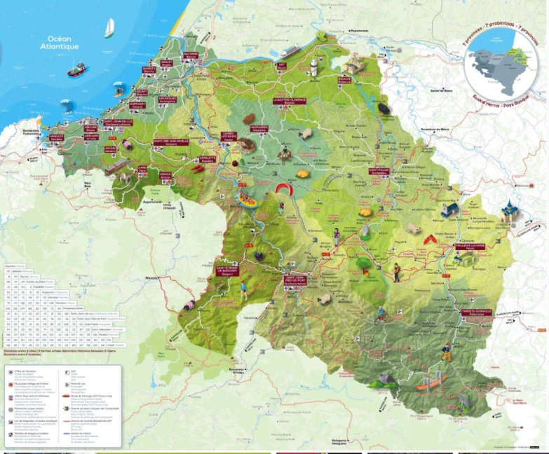 Carte touristique du Pays Basque avec sites incontournables, activités et points d’intérêt