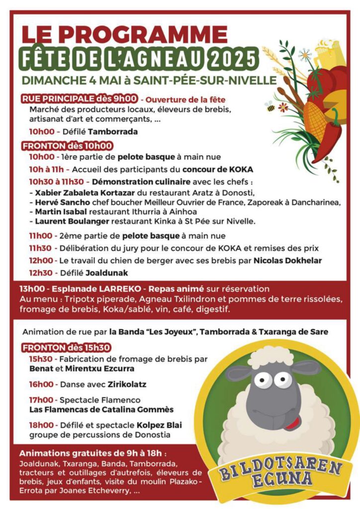 Affiche du programme de la Fête de l’Agneau 2025 à Saint-Pée-sur-Nivelle, avec horaires, animations, démonstrations culinaires, concours de cuisine, repas festif et spectacles tout au long de la journée du dimanche 4 mai.