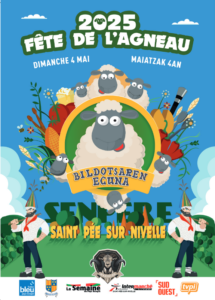 Affiche colorée et festive de la Fête de l’Agneau 2025 à Saint-Pée-sur-Nivelle, illustrée avec des moutons souriants, des éléments agricoles et des danseurs en costume basque.