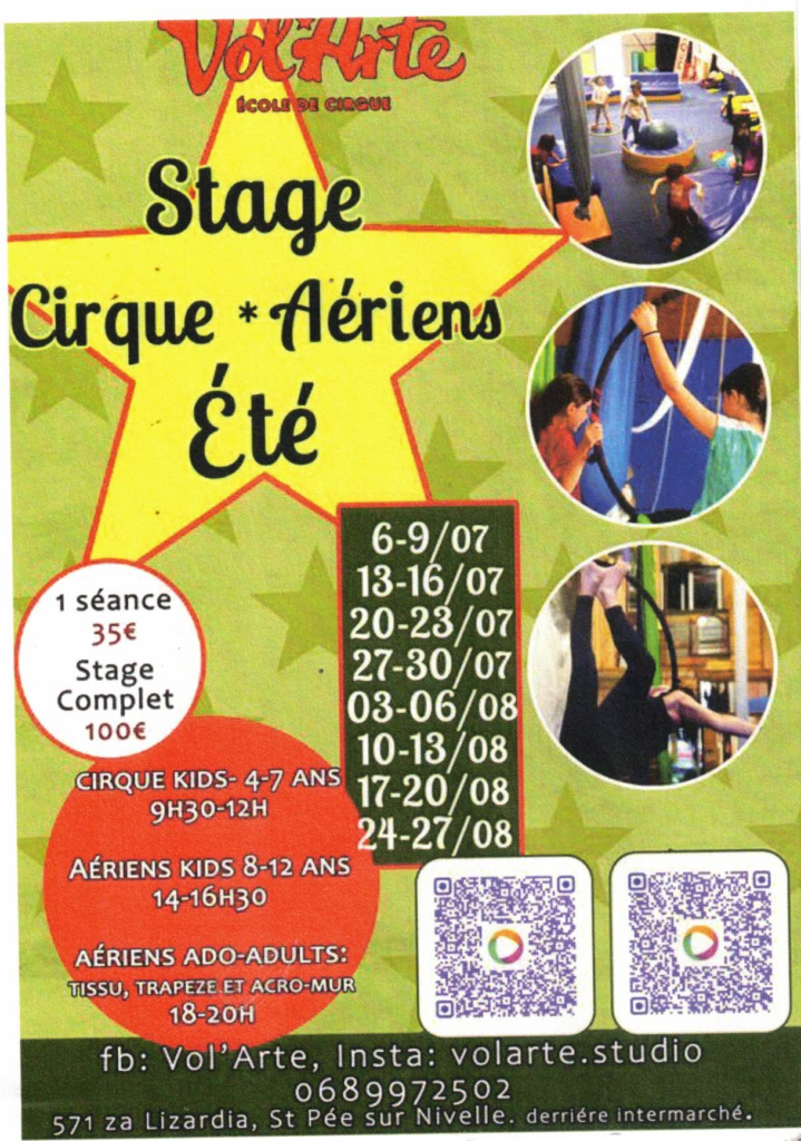Affiche des stages de cirque et disciplines aériennes proposés par Vol'Arte à Saint-Pée-sur-Nivelle